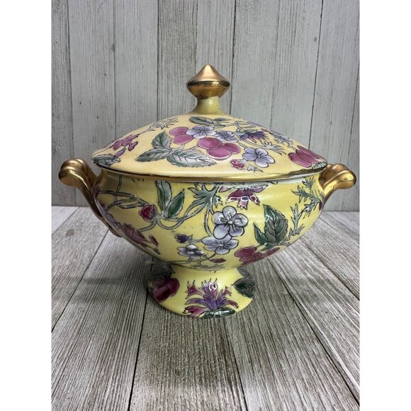 Vtg Chinese Gilding Lidded Trinket Dish 6" Red Stamp Floral Plum Gold Handles - Picture 1 of 11